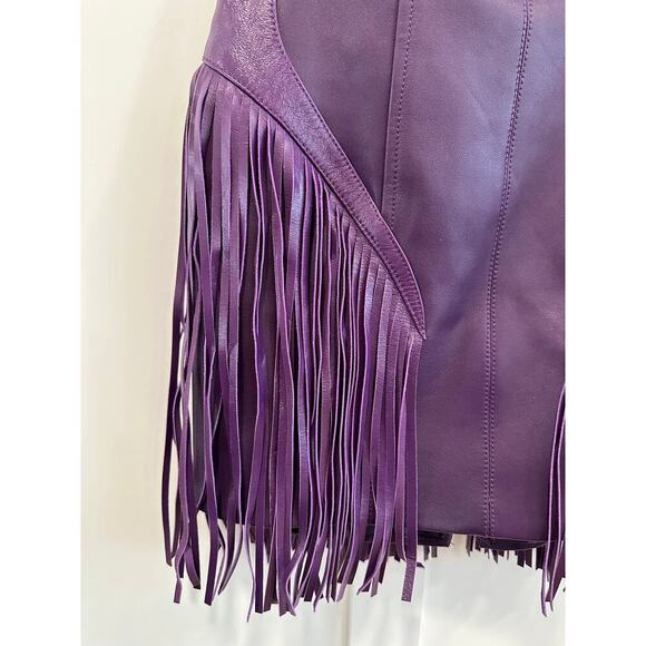 Versace Runway Bright Dark Orchid Leather Fringe Mini Dress - Picture 7 of 16
